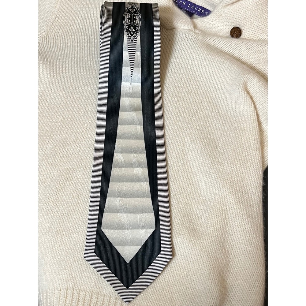 Stacy‎ Adams Mens 100% Silk Tie Black Silver Geometric Pattern Hand Made
